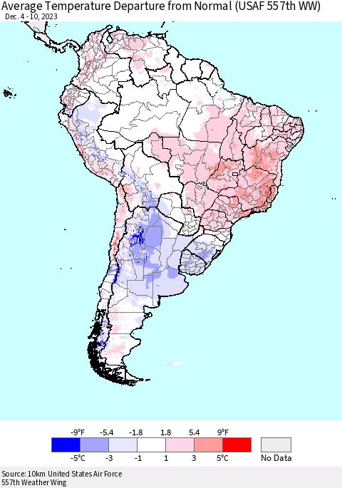 South America Average Temperature Departure from Normal (USAF 557th WW) Thematic Map For 12/4/2023 - 12/10/2023