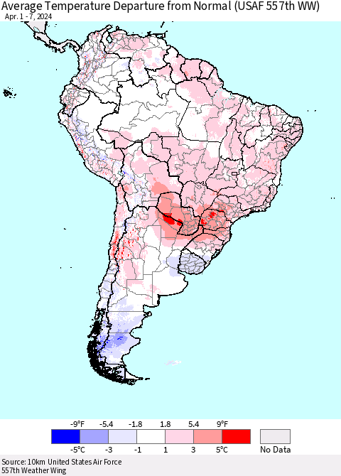 South America Average Temperature Departure from Normal (USAF 557th WW) Thematic Map For 4/1/2024 - 4/7/2024
