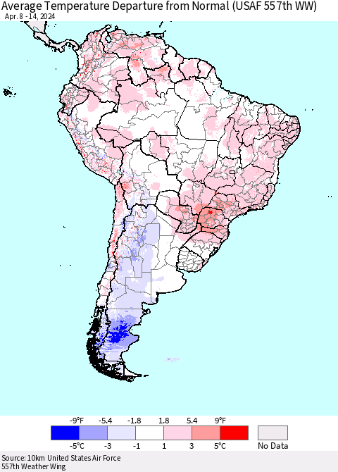 South America Average Temperature Departure from Normal (USAF 557th WW) Thematic Map For 4/8/2024 - 4/14/2024