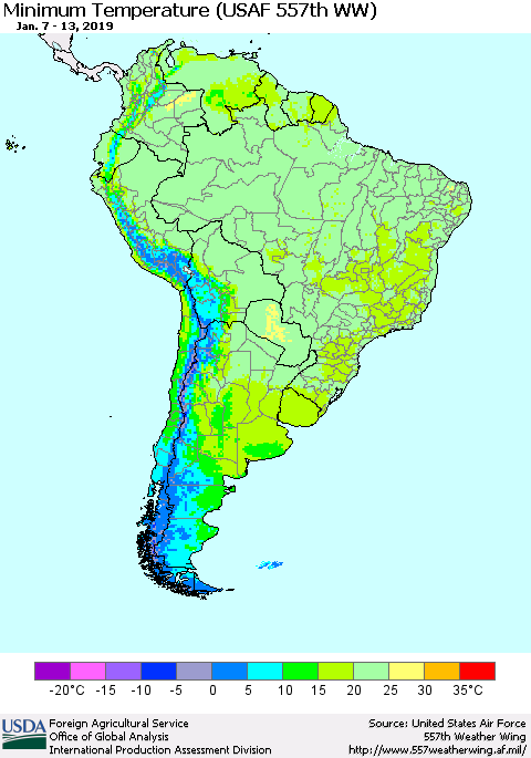 South America Mean Minimum Temperature (USAF 557th WW) Thematic Map For 1/7/2019 - 1/13/2019