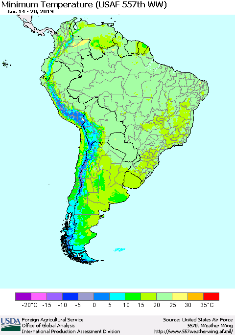 South America Mean Minimum Temperature (USAF 557th WW) Thematic Map For 1/14/2019 - 1/20/2019