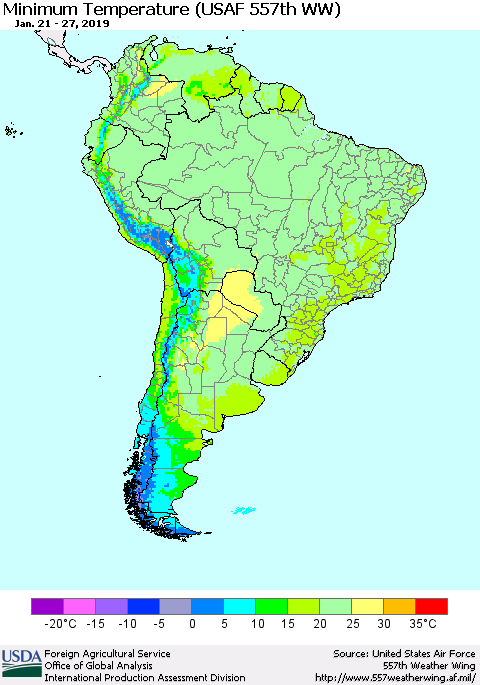 South America Mean Minimum Temperature (USAF 557th WW) Thematic Map For 1/21/2019 - 1/27/2019