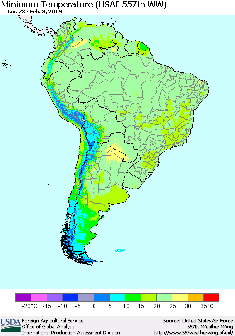 South America Mean Minimum Temperature (USAF 557th WW) Thematic Map For 1/28/2019 - 2/3/2019