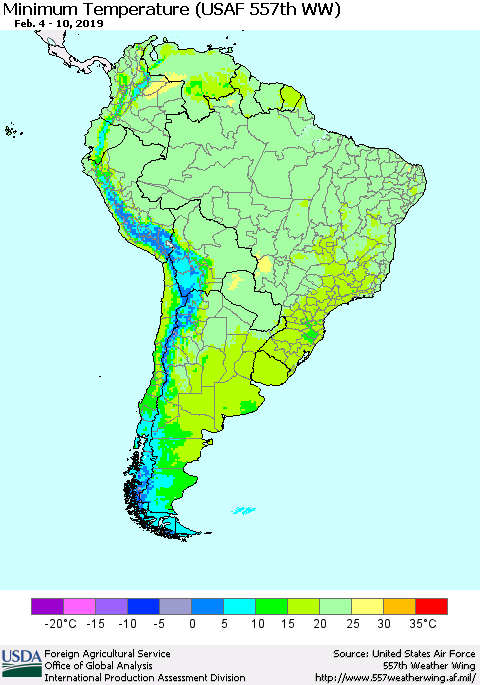 South America Mean Minimum Temperature (USAF 557th WW) Thematic Map For 2/4/2019 - 2/10/2019