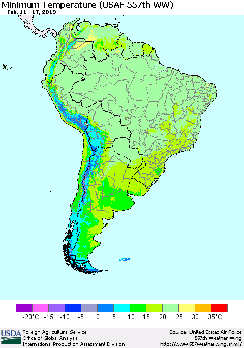 South America Mean Minimum Temperature (USAF 557th WW) Thematic Map For 2/11/2019 - 2/17/2019