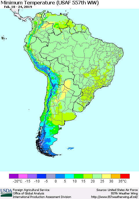 South America Mean Minimum Temperature (USAF 557th WW) Thematic Map For 2/18/2019 - 2/24/2019