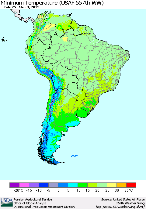 South America Mean Minimum Temperature (USAF 557th WW) Thematic Map For 2/25/2019 - 3/3/2019