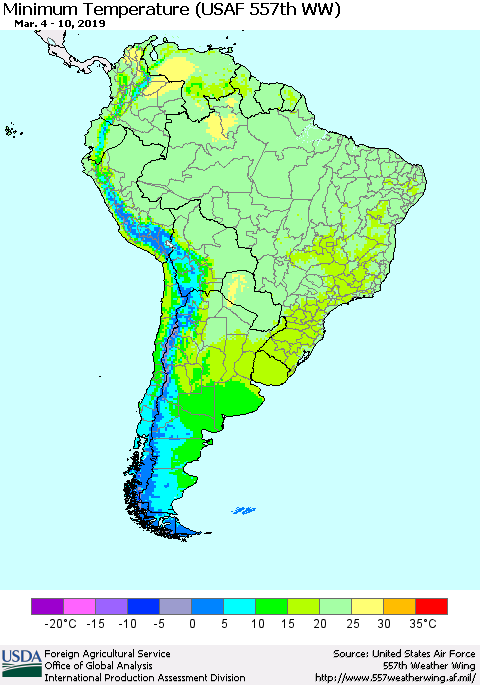 South America Mean Minimum Temperature (USAF 557th WW) Thematic Map For 3/4/2019 - 3/10/2019