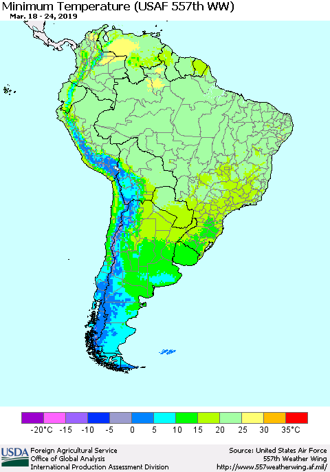 South America Mean Minimum Temperature (USAF 557th WW) Thematic Map For 3/18/2019 - 3/24/2019