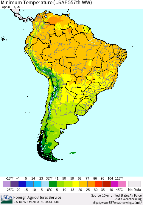South America Mean Minimum Temperature (USAF 557th WW) Thematic Map For 4/8/2019 - 4/14/2019