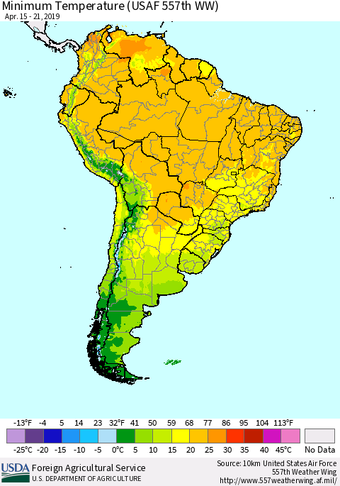 South America Mean Minimum Temperature (USAF 557th WW) Thematic Map For 4/15/2019 - 4/21/2019