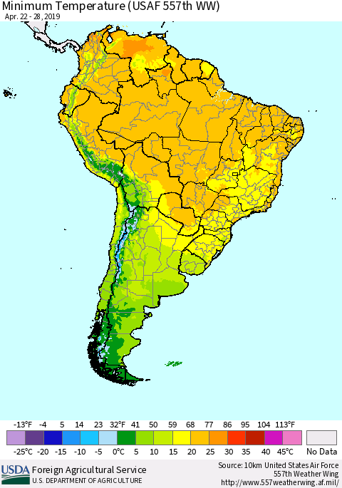 South America Mean Minimum Temperature (USAF 557th WW) Thematic Map For 4/22/2019 - 4/28/2019