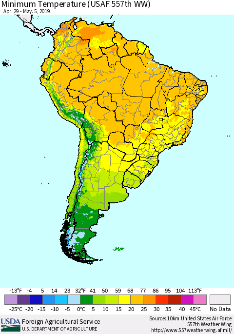 South America Mean Minimum Temperature (USAF 557th WW) Thematic Map For 4/29/2019 - 5/5/2019