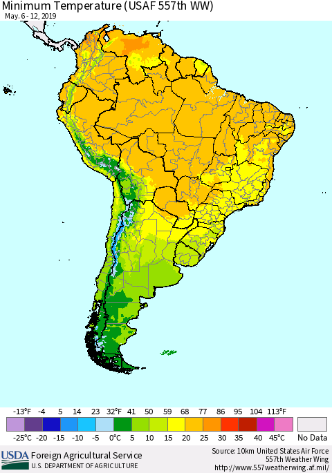 South America Mean Minimum Temperature (USAF 557th WW) Thematic Map For 5/6/2019 - 5/12/2019