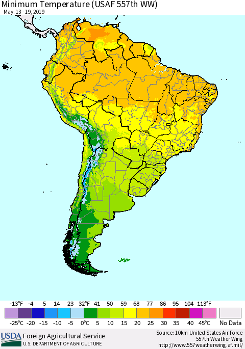 South America Mean Minimum Temperature (USAF 557th WW) Thematic Map For 5/13/2019 - 5/19/2019