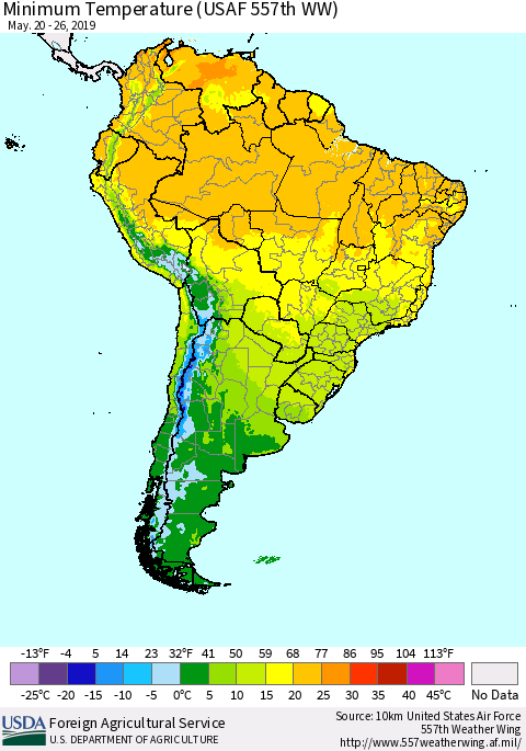 South America Mean Minimum Temperature (USAF 557th WW) Thematic Map For 5/20/2019 - 5/26/2019