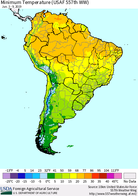 South America Mean Minimum Temperature (USAF 557th WW) Thematic Map For 6/3/2019 - 6/9/2019