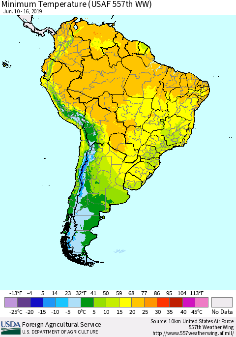 South America Mean Minimum Temperature (USAF 557th WW) Thematic Map For 6/10/2019 - 6/16/2019