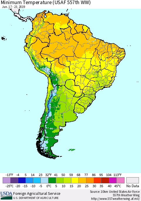 South America Mean Minimum Temperature (USAF 557th WW) Thematic Map For 6/17/2019 - 6/23/2019