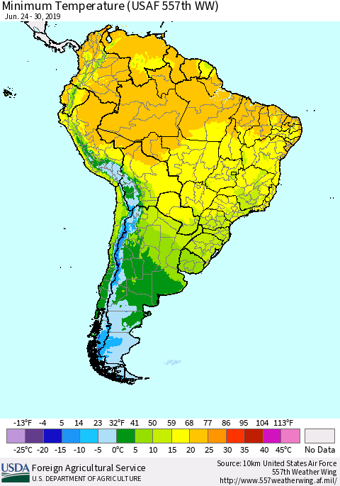 South America Mean Minimum Temperature (USAF 557th WW) Thematic Map For 6/24/2019 - 6/30/2019