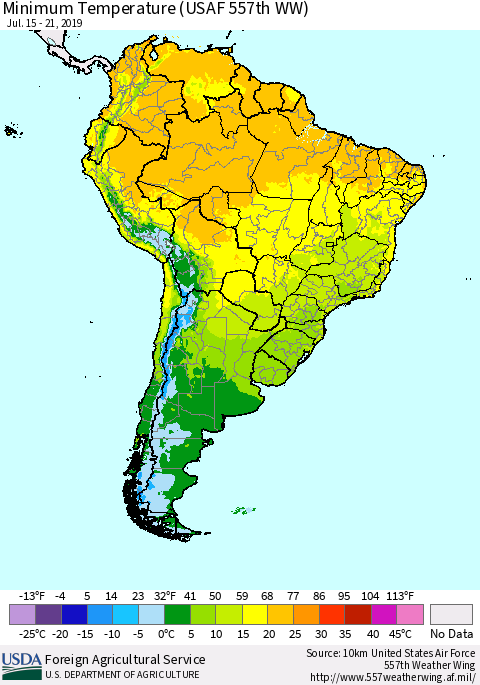 South America Mean Minimum Temperature (USAF 557th WW) Thematic Map For 7/15/2019 - 7/21/2019
