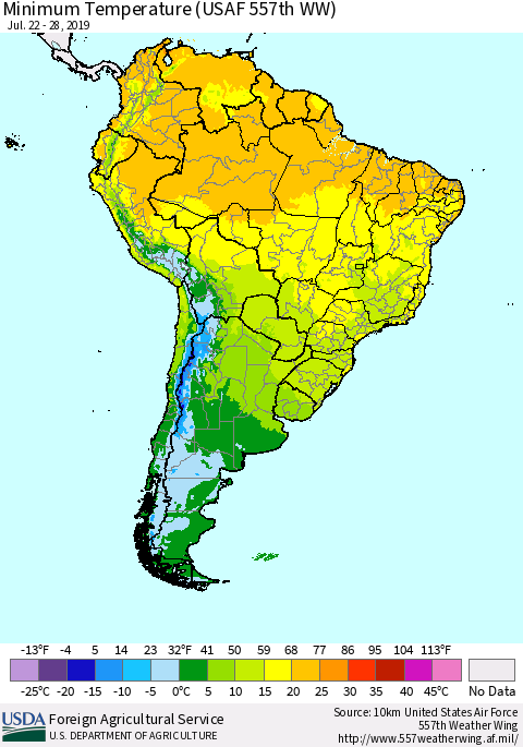 South America Mean Minimum Temperature (USAF 557th WW) Thematic Map For 7/22/2019 - 7/28/2019