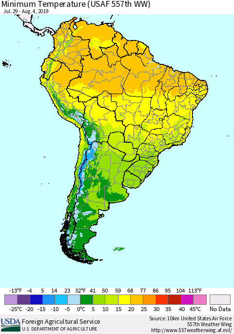 South America Mean Minimum Temperature (USAF 557th WW) Thematic Map For 7/29/2019 - 8/4/2019