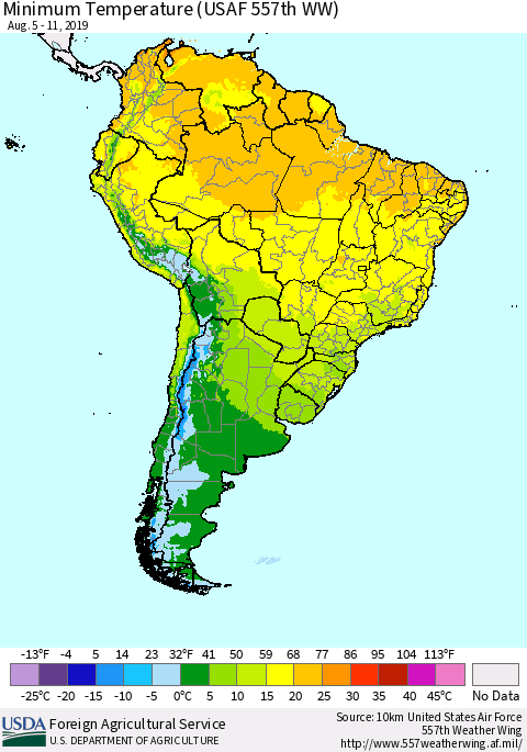 South America Mean Minimum Temperature (USAF 557th WW) Thematic Map For 8/5/2019 - 8/11/2019