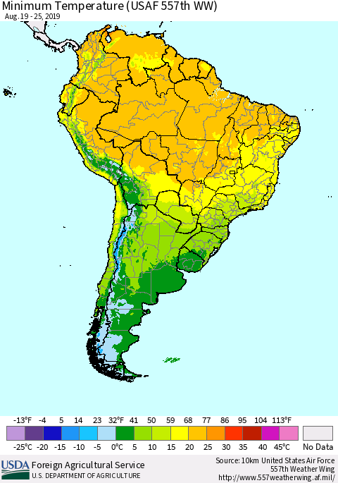 South America Mean Minimum Temperature (USAF 557th WW) Thematic Map For 8/19/2019 - 8/25/2019