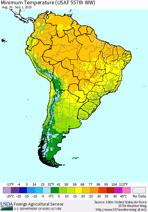 South America Mean Minimum Temperature (USAF 557th WW) Thematic Map For 8/26/2019 - 9/1/2019