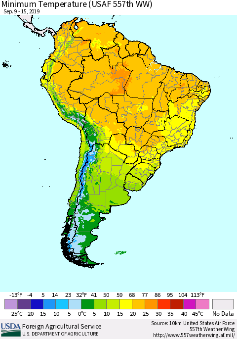 South America Mean Minimum Temperature (USAF 557th WW) Thematic Map For 9/9/2019 - 9/15/2019