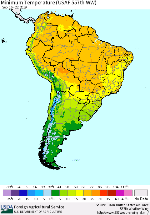 South America Mean Minimum Temperature (USAF 557th WW) Thematic Map For 9/16/2019 - 9/22/2019