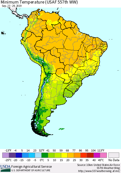 South America Mean Minimum Temperature (USAF 557th WW) Thematic Map For 9/23/2019 - 9/29/2019