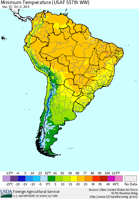 South America Mean Minimum Temperature (USAF 557th WW) Thematic Map For 9/30/2019 - 10/6/2019