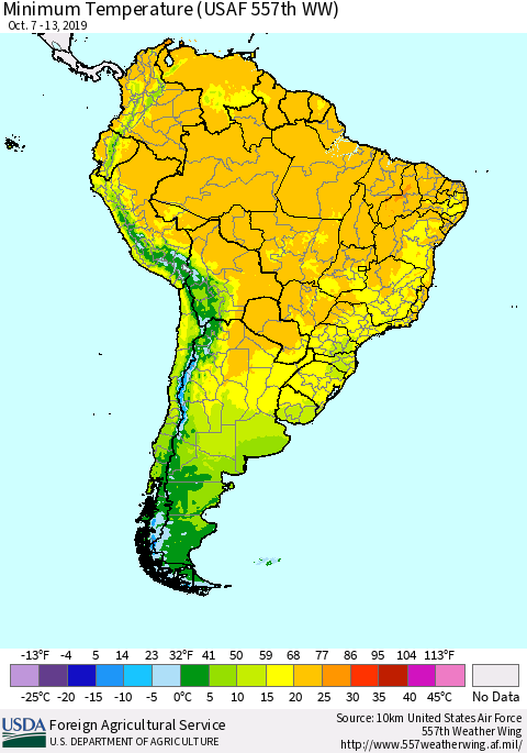 South America Mean Minimum Temperature (USAF 557th WW) Thematic Map For 10/7/2019 - 10/13/2019