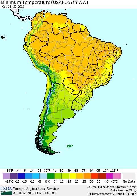 South America Mean Minimum Temperature (USAF 557th WW) Thematic Map For 10/14/2019 - 10/20/2019