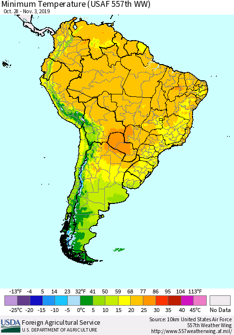 South America Mean Minimum Temperature (USAF 557th WW) Thematic Map For 10/28/2019 - 11/3/2019