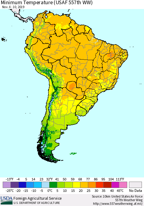 South America Mean Minimum Temperature (USAF 557th WW) Thematic Map For 11/4/2019 - 11/10/2019