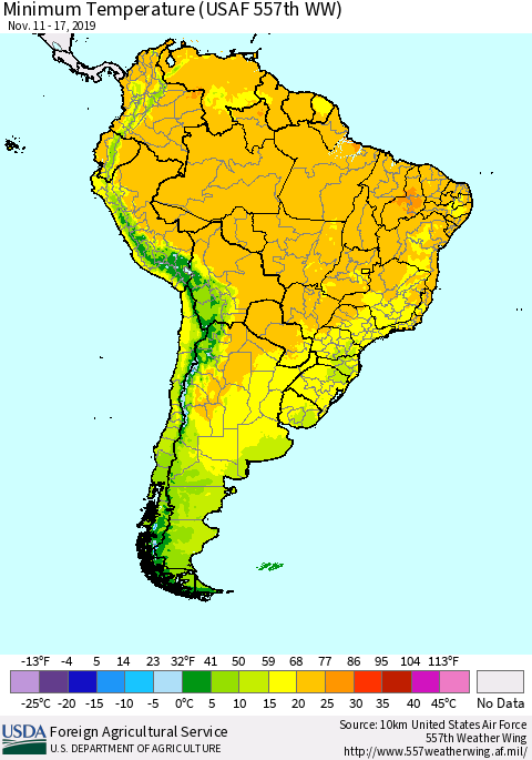 South America Mean Minimum Temperature (USAF 557th WW) Thematic Map For 11/11/2019 - 11/17/2019