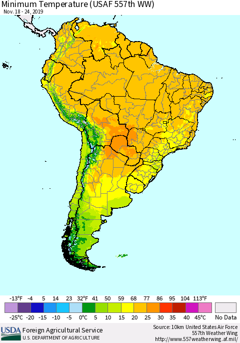 South America Mean Minimum Temperature (USAF 557th WW) Thematic Map For 11/18/2019 - 11/24/2019