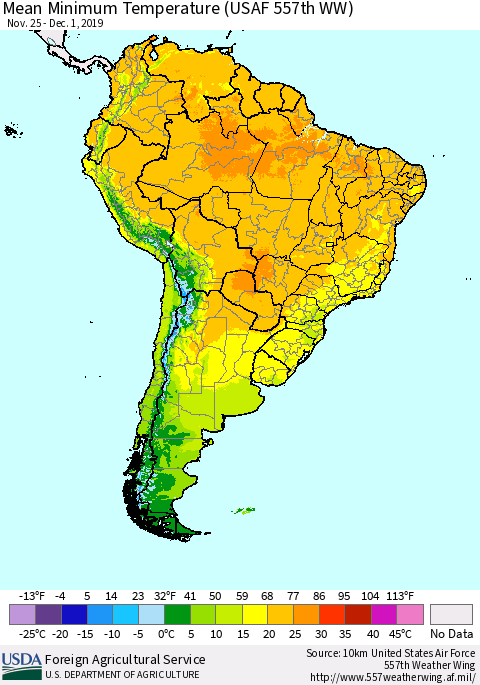 South America Mean Minimum Temperature (USAF 557th WW) Thematic Map For 11/25/2019 - 12/1/2019