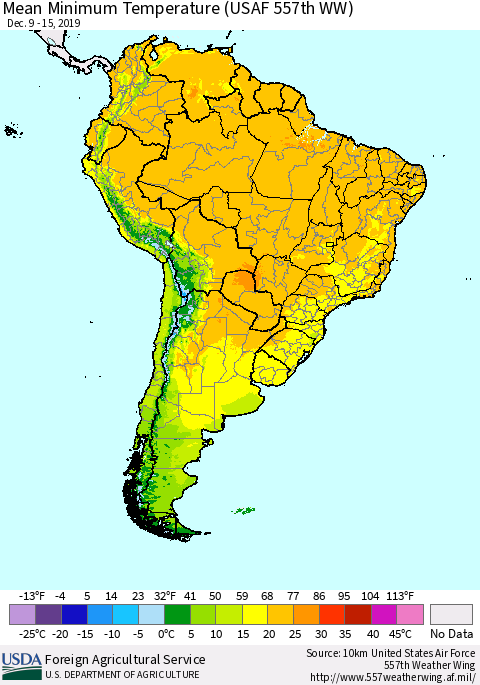 South America Mean Minimum Temperature (USAF 557th WW) Thematic Map For 12/9/2019 - 12/15/2019