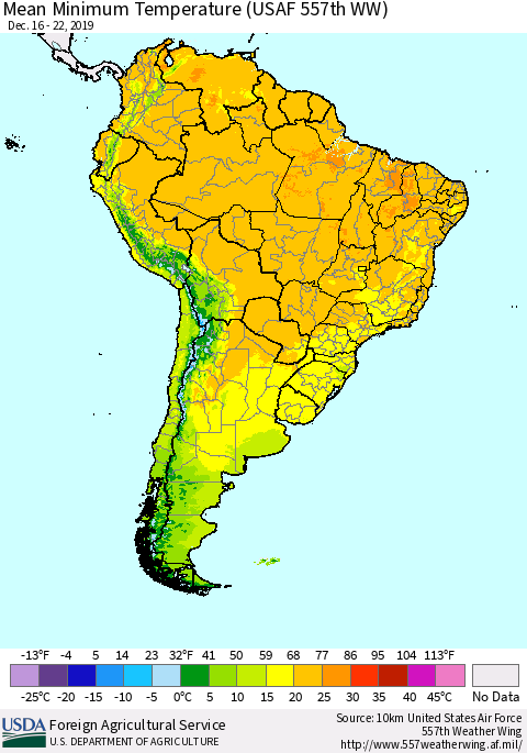 South America Mean Minimum Temperature (USAF 557th WW) Thematic Map For 12/16/2019 - 12/22/2019