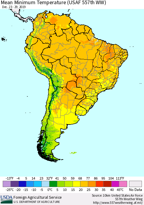 South America Mean Minimum Temperature (USAF 557th WW) Thematic Map For 12/23/2019 - 12/29/2019