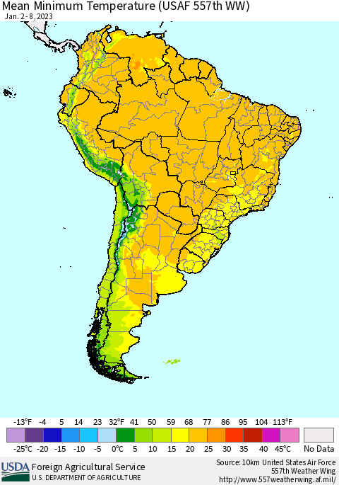 South America Mean Minimum Temperature (USAF 557th WW) Thematic Map For 1/2/2023 - 1/8/2023