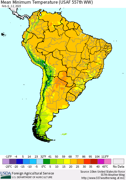 South America Mean Minimum Temperature (USAF 557th WW) Thematic Map For 2/6/2023 - 2/12/2023