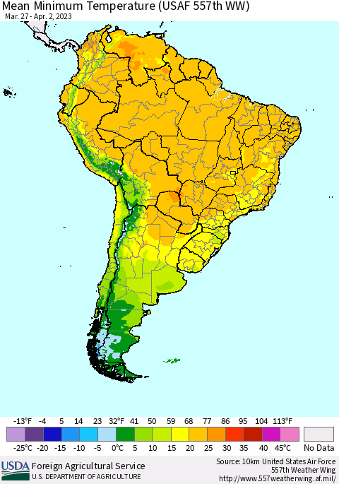 South America Mean Minimum Temperature (USAF 557th WW) Thematic Map For 3/27/2023 - 4/2/2023