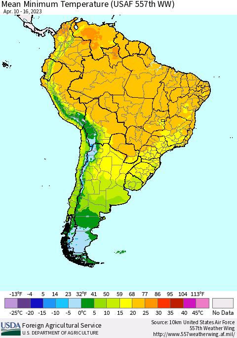 South America Mean Minimum Temperature (USAF 557th WW) Thematic Map For 4/10/2023 - 4/16/2023