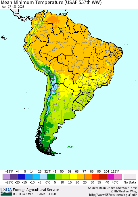 South America Mean Minimum Temperature (USAF 557th WW) Thematic Map For 4/17/2023 - 4/23/2023