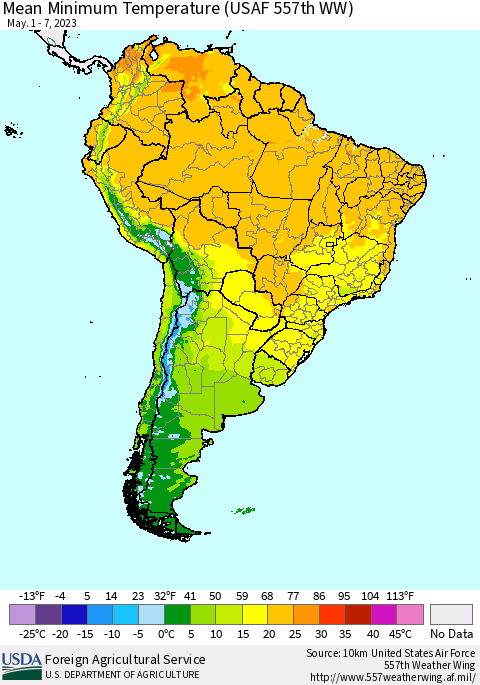 South America Mean Minimum Temperature (USAF 557th WW) Thematic Map For 5/1/2023 - 5/7/2023
